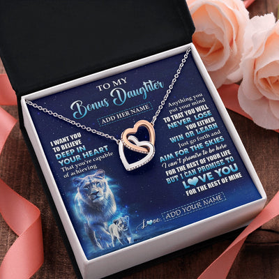 Interlocking Hearts Necklace Stainless Steel & Rose Gold Finish | 2 | Personalized To My Bonus Daughter Necklace From Stepmother Believe Your Heart Stepdaughter Gift Birthday Graduation Christmas Customized Gift Box Message Card | siriusteestore.myshopify