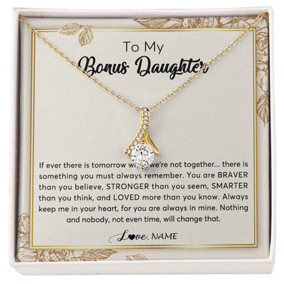 Alluring Beauty Necklace 18K Yellow Gold Finish | Personalized To My Bonus Daughter Necklace From Stepmother Braver Stronger Smarter Loved Daughter Jewelry Birthday Christmas Customized Gift Box Message Card | siriusteestore