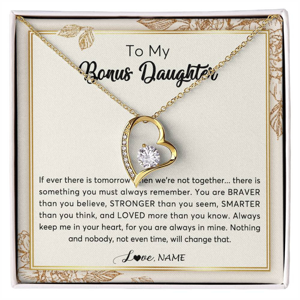 Forever Love Necklace 18K Yellow Gold Finish | Personalized To My Bonus Daughter Necklace From Stepmother Braver Stronger Smarter Loved Daughter Jewelry Birthday Christmas Customized Gift Box Message Card | siriusteestore