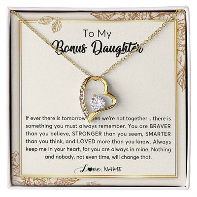 Forever Love Necklace 18K Yellow Gold Finish | Personalized To My Bonus Daughter Necklace From Stepmother Braver Stronger Smarter Loved Daughter Jewelry Birthday Christmas Customized Gift Box Message Card | siriusteestore