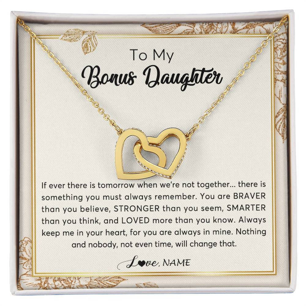 Interlocking Hearts Necklace 18K Yellow Gold Finish | Personalized To My Bonus Daughter Necklace From Stepmother Braver Stronger Smarter Loved Daughter Jewelry Birthday Christmas Customized Gift Box Message Card | siriusteestore