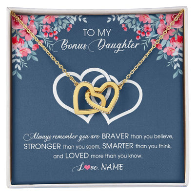 Interlocking Hearts Necklace 18K Yellow Gold Finish | Personalized To My Bonus Daughter Necklace From Stepmother Braver Stronger Smarter Loved Stepdaughter Jewelry Birthday Christmas Customized Message Card | siriusteestore