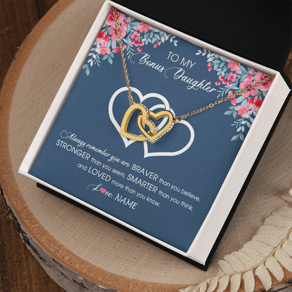 Interlocking Hearts Necklace 18K Yellow Gold Finish | Personalized To My Bonus Daughter Necklace From Stepmother Braver Stronger Smarter Loved Stepdaughter Jewelry Birthday Christmas Customized Message Card | siriusteestore