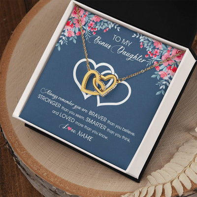Interlocking Hearts Necklace 18K Yellow Gold Finish | Personalized To My Bonus Daughter Necklace From Stepmother Braver Stronger Smarter Loved Stepdaughter Jewelry Birthday Christmas Customized Message Card | siriusteestore