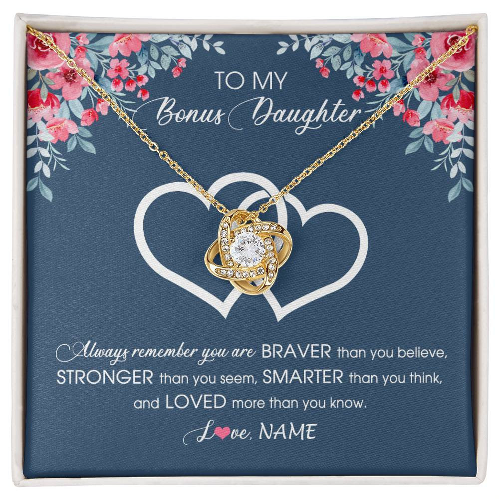 Love Knot Necklace 18K Yellow Gold Finish | Personalized To My Bonus Daughter Necklace From Stepmother Braver Stronger Smarter Loved Stepdaughter Jewelry Birthday Christmas Customized Message Card | siriusteestore