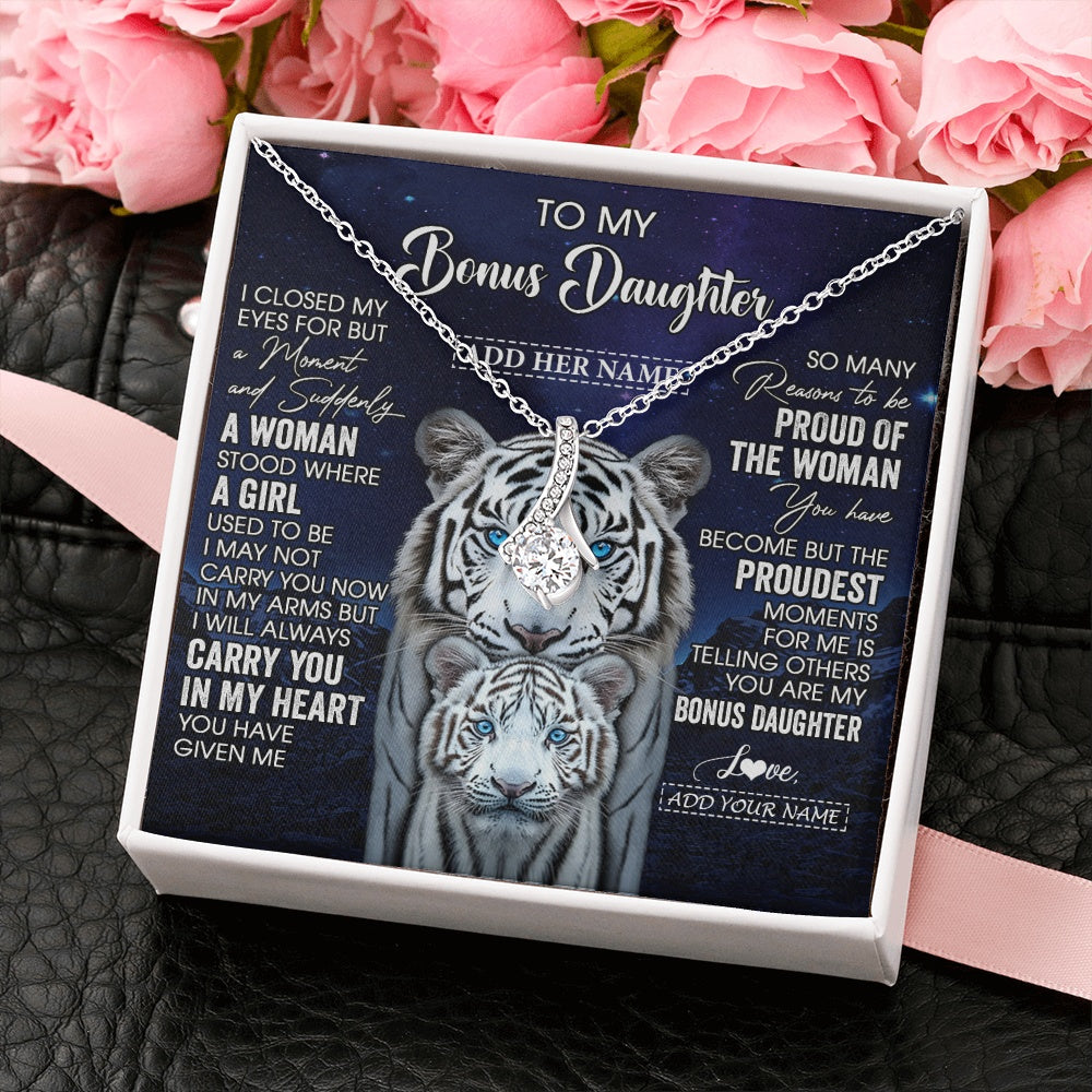 Alluring Beauty Necklace 14K White Gold Finish | 2 | Personalized To My Bonus Daughter Necklace From Stepmother Dad I Close My Eyes White Tiger Stepdaughter Birthday Gift Christmas Gift Box Message Card | https://siriusteestore.