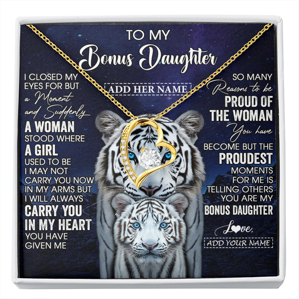 Forever Love Necklace 18K Yellow Gold Finish | 1 | Personalized To My Bonus Daughter Necklace From Stepmother Dad I Close My Eyes White Tiger Stepdaughter Birthday Gift Christmas Gift Box Message Card | https://siriusteestore.