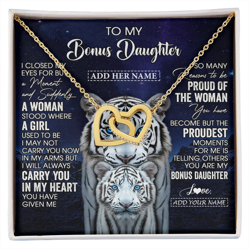 Interlocking Hearts Necklace 18K Yellow Gold Finish | 1 | Personalized To My Bonus Daughter Necklace From Stepmother Dad I Close My Eyes White Tiger Stepdaughter Birthday Gift Christmas Gift Box Message Card | https://siriusteestore.