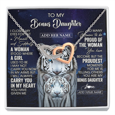 Interlocking Hearts Necklace Stainless Steel & Rose Gold Finish | 1 | Personalized To My Bonus Daughter Necklace From Stepmother Dad I Close My Eyes White Tiger Stepdaughter Birthday Gift Christmas Gift Box Message Card | https://siriusteestore.