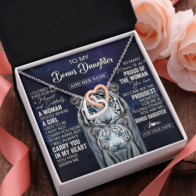 Interlocking Hearts Necklace Stainless Steel & Rose Gold Finish | 2 | Personalized To My Bonus Daughter Necklace From Stepmother Dad I Close My Eyes White Tiger Stepdaughter Birthday Gift Christmas Gift Box Message Card | https://siriusteestore.