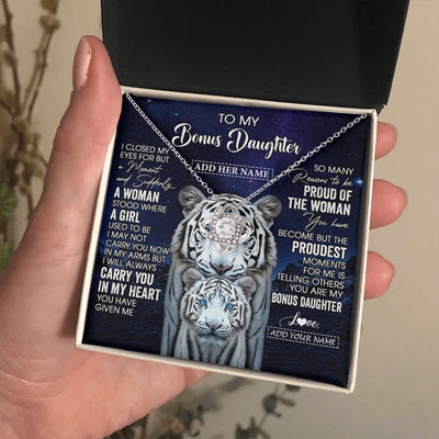 Love Knot Necklace 14K White Gold Finish | 2 | Personalized To My Bonus Daughter Necklace From Stepmother Dad I Close My Eyes White Tiger Stepdaughter Birthday Gift Christmas Gift Box Message Card | https://siriusteestore.