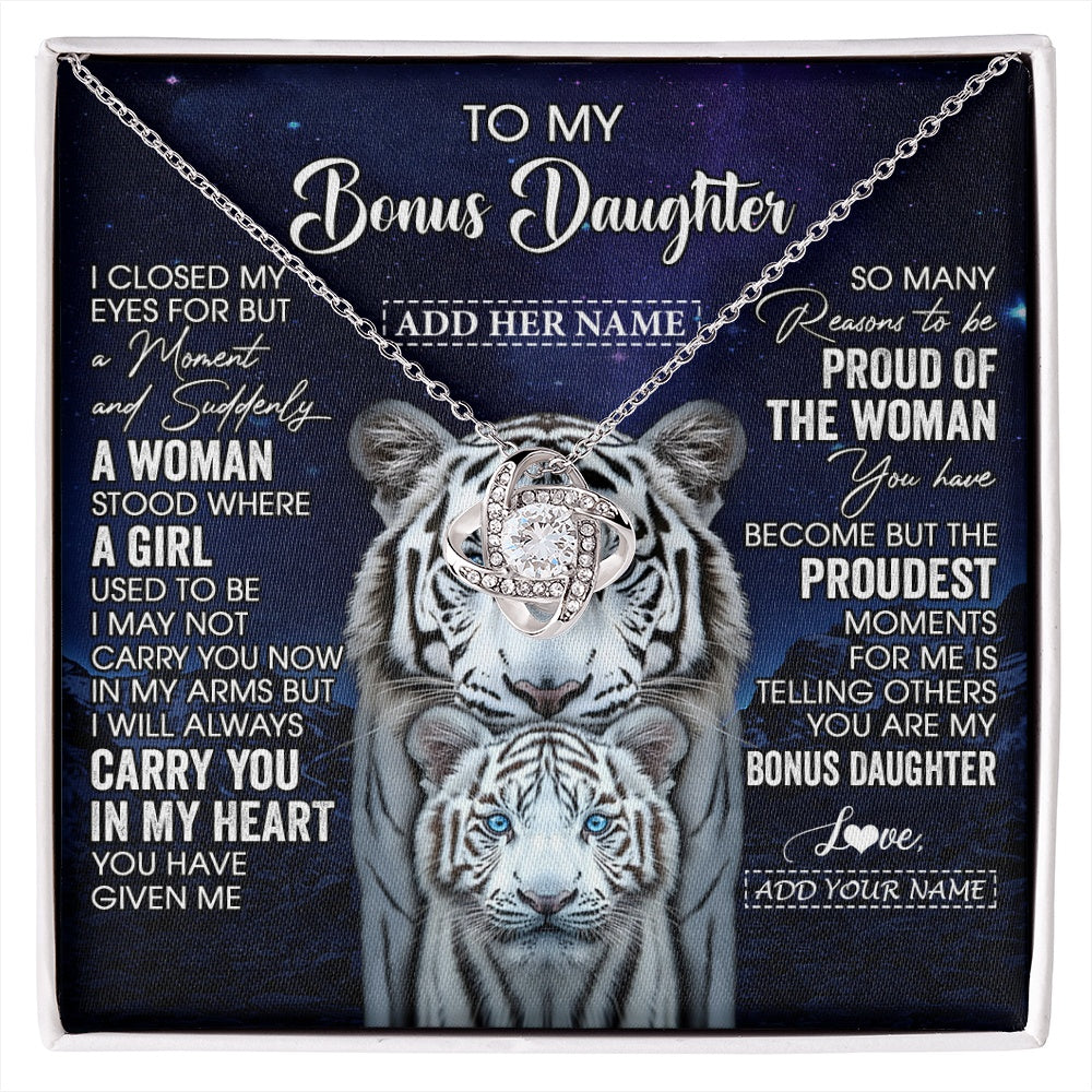 Love Knot Necklace 14K White Gold Finish | 1 | Personalized To My Bonus Daughter Necklace From Stepmother Dad I Close My Eyes White Tiger Stepdaughter Birthday Gift Christmas Gift Box Message Card | https://siriusteestore.