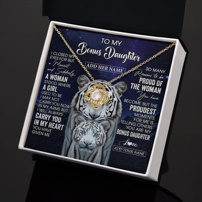 Love Knot Necklace 18K Yellow Gold Finish | 2 | Personalized To My Bonus Daughter Necklace From Stepmother Dad I Close My Eyes White Tiger Stepdaughter Birthday Gift Christmas Gift Box Message Card | https://siriusteestore.