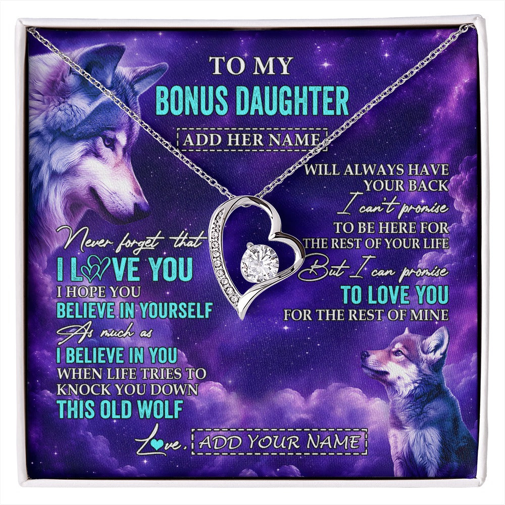 Forever Love Necklace 14K White Gold Finish | 1 | Personalized To My Bonus Daughter Necklace From Stepmother Dad Wolf Never Forget I Love You Stepdaughter Birthday Gifts Christmas Custom Gift Box Message Card Shirt & Hoodie | https://siriusteestore.