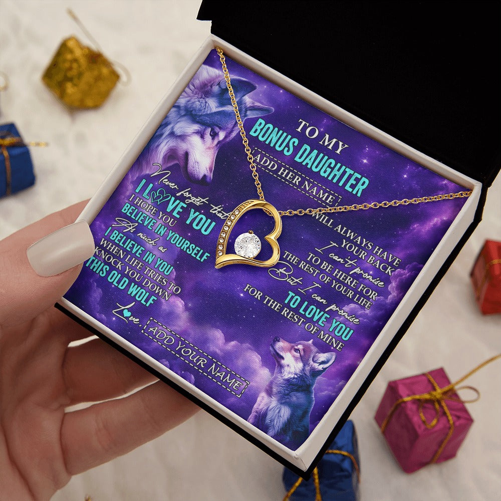 Forever Love Necklace 18K Yellow Gold Finish | 2 | Personalized To My Bonus Daughter Necklace From Stepmother Dad Wolf Never Forget I Love You Stepdaughter Birthday Gifts Christmas Custom Gift Box Message Card Shirt & Hoodie | https://siriusteestore.