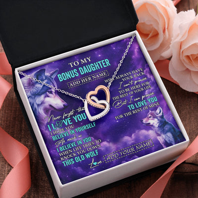 Interlocking Hearts Necklace Stainless Steel & Rose Gold Finish | 2 | Personalized To My Bonus Daughter Necklace From Stepmother Dad Wolf Never Forget I Love You Stepdaughter Birthday Gifts Christmas Custom Gift Box Message Card Shirt & Hoodie | https://siriusteestore.
