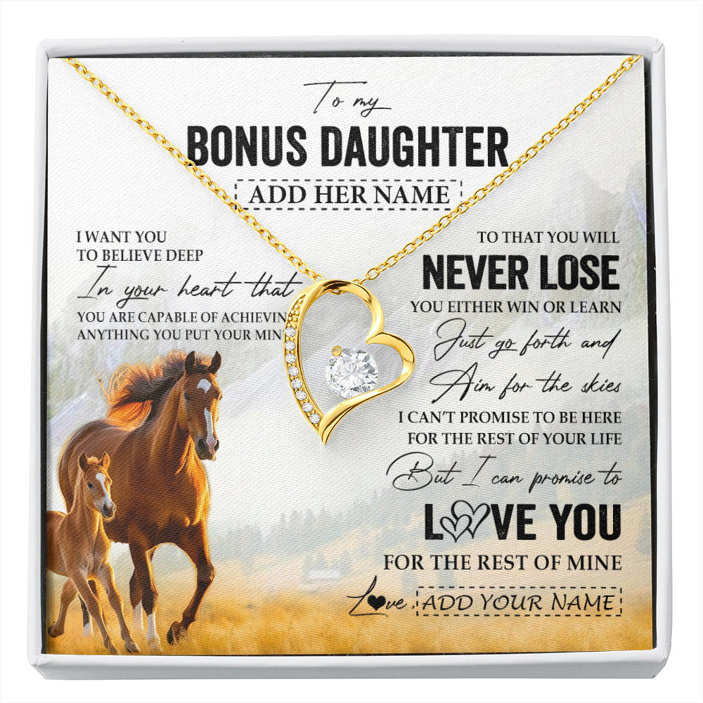 Forever Love Necklace 18K Yellow Gold Finish | 1 | Personalized To My Bonus Daughter Necklace From Stepmother Dad You Will Never Lose Horse Stepdaughter Birthday Gifts Christmas Custom Gift Box Message Card | siriusteestore