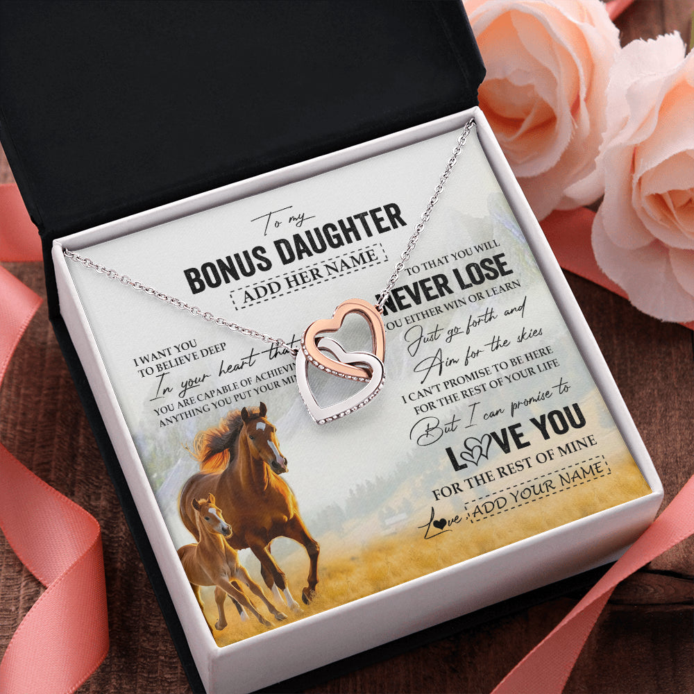 Interlocking Hearts Necklace Stainless Steel & Rose Gold Finish | 2 | Personalized To My Bonus Daughter Necklace From Stepmother Dad You Will Never Lose Horse Stepdaughter Birthday Gifts Christmas Custom Gift Box Message Card | siriusteestore