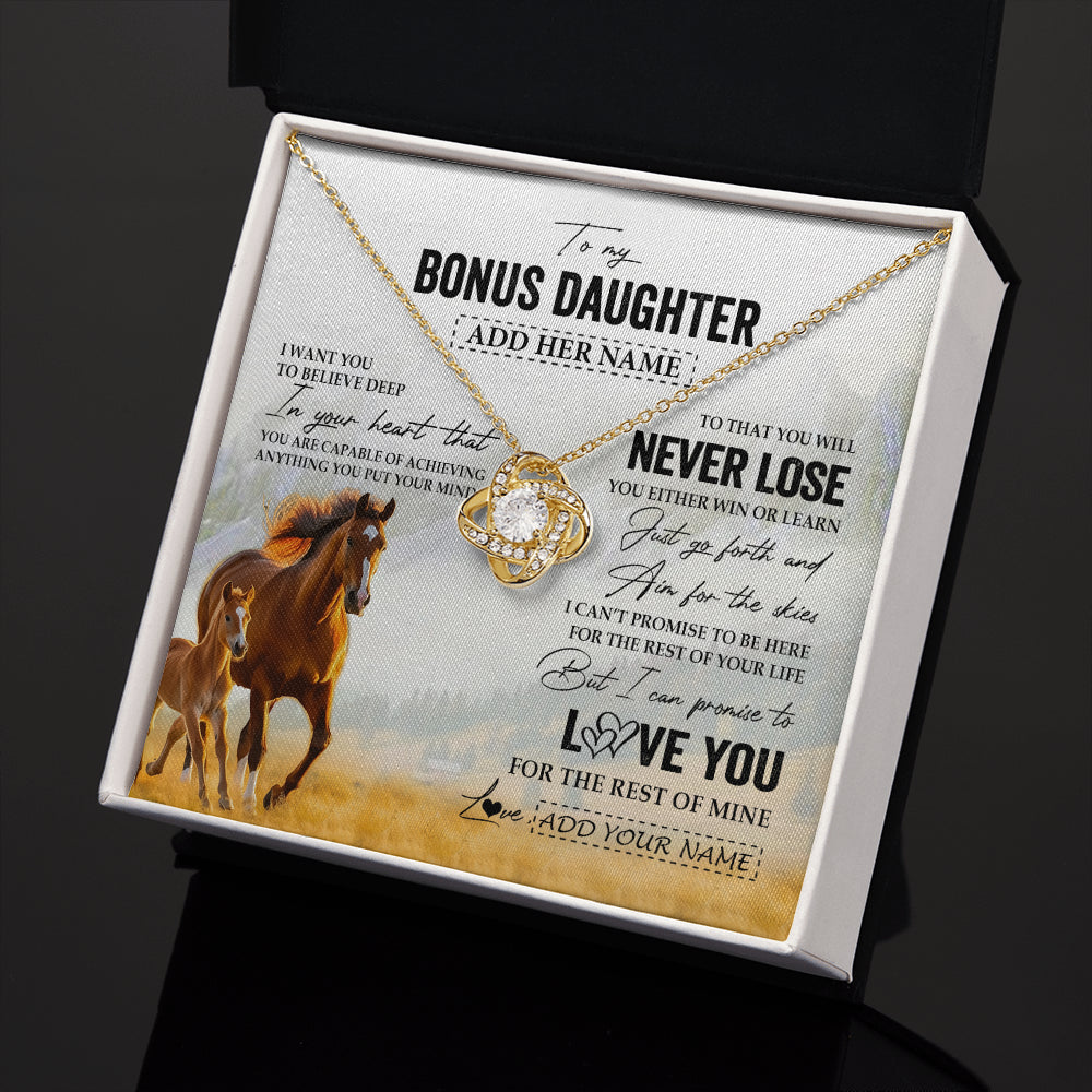 Love Knot Necklace 18K Yellow Gold Finish | 2 | Personalized To My Bonus Daughter Necklace From Stepmother Dad You Will Never Lose Horse Stepdaughter Birthday Gifts Christmas Custom Gift Box Message Card | siriusteestore