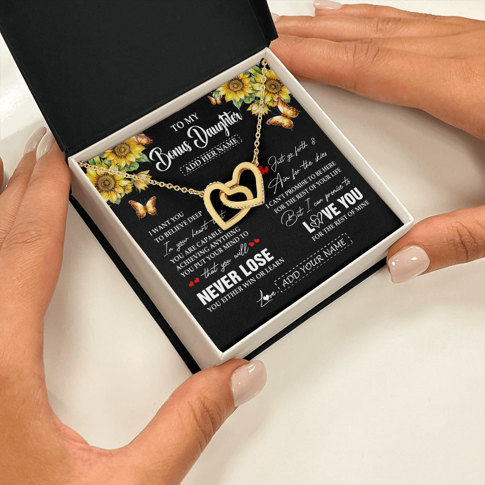 Interlocking Hearts Necklace 18K Yellow Gold Finish | 2 | Personalized To My Bonus Daughter Necklace From Stepmother Dad You Will Never Lose Sunflower Stepdaughter Birthday Gifts Christmas Gift Box Message Card | siriusteestore.myshopify
