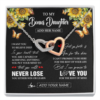 Interlocking Hearts Necklace Stainless Steel & Rose Gold Finish | 1 | Personalized To My Bonus Daughter Necklace From Stepmother Dad You Will Never Lose Sunflower Stepdaughter Birthday Gifts Christmas Gift Box Message Card | siriusteestore.myshopify