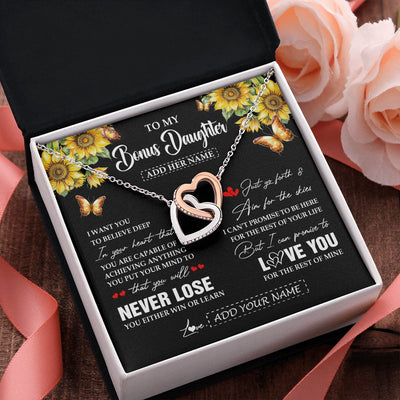 Interlocking Hearts Necklace Stainless Steel & Rose Gold Finish | 2 | Personalized To My Bonus Daughter Necklace From Stepmother Dad You Will Never Lose Sunflower Stepdaughter Birthday Gifts Christmas Gift Box Message Card | siriusteestore.myshopify