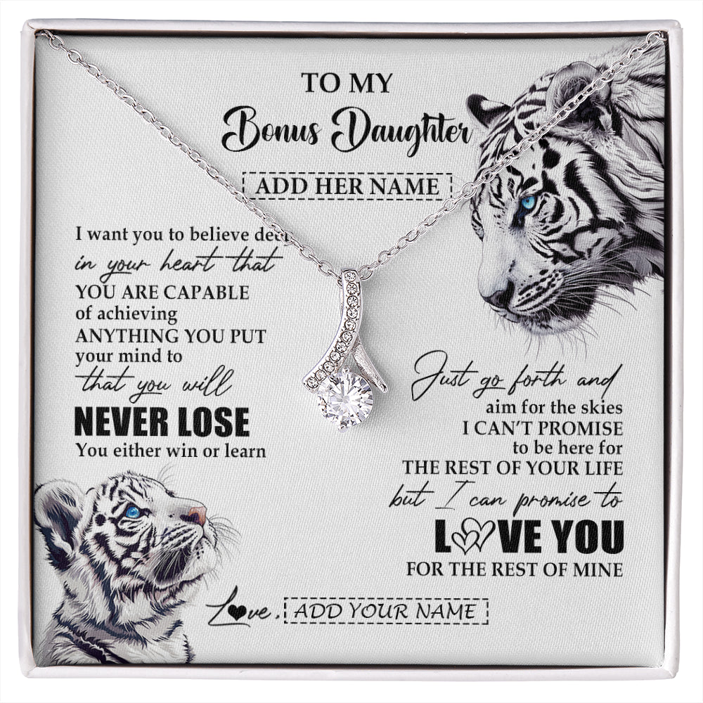 Alluring Beauty Necklace 14K White Gold Finish | 1 | Personalized To My Bonus Daughter Necklace From Stepmother Dad You Will Never Lose White Tiger Stepdaughter Birthday Gifts Christmas Gift Box Message Card | siriusteestore