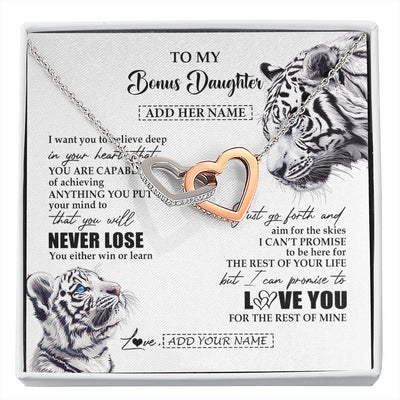 Interlocking Hearts Necklace Stainless Steel & Rose Gold Finish | 1 | Personalized To My Bonus Daughter Necklace From Stepmother Dad You Will Never Lose White Tiger Stepdaughter Birthday Gifts Christmas Gift Box Message Card | siriusteestore