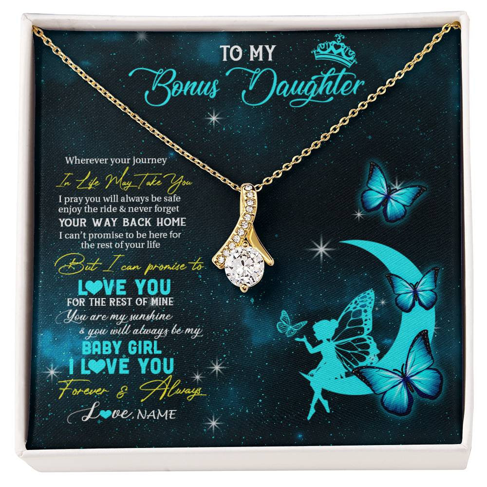 Alluring Beauty Necklace 18K Yellow Gold Finish | 1 | Personalized To My Bonus Daughter Necklace From Stepmother Fairy Silhouette Fantasy Moon Stepdaughter Birthday Christmas Customized Gift Box Message Card | siriusteestore