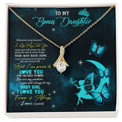 Alluring Beauty Necklace 18K Yellow Gold Finish | 1 | Personalized To My Bonus Daughter Necklace From Stepmother Fairy Silhouette Fantasy Moon Stepdaughter Birthday Christmas Customized Gift Box Message Card | siriusteestore