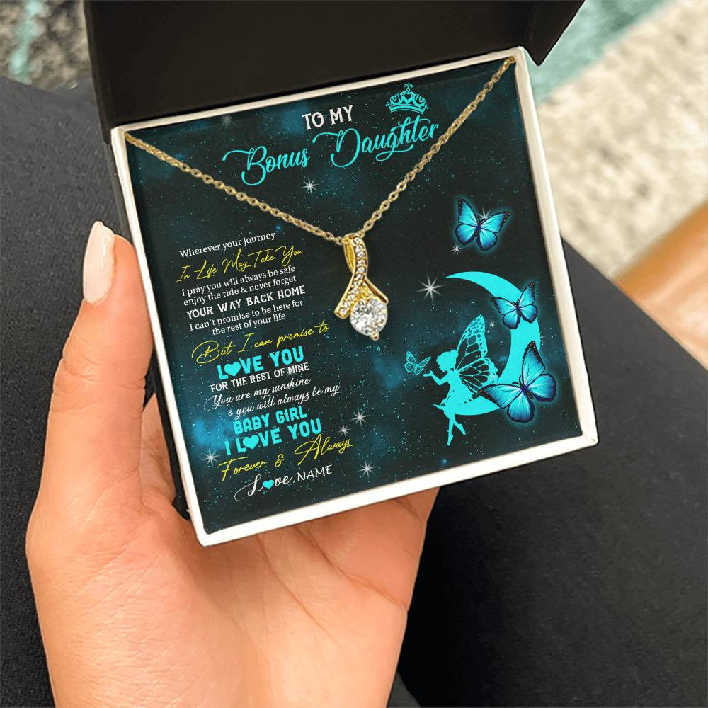 Alluring Beauty Necklace 18K Yellow Gold Finish | 2 | Personalized To My Bonus Daughter Necklace From Stepmother Fairy Silhouette Fantasy Moon Stepdaughter Birthday Christmas Customized Gift Box Message Card | siriusteestore