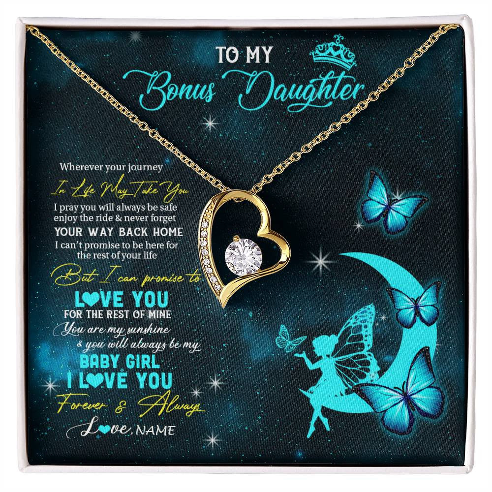 Forever Love Necklace 18K Yellow Gold Finish | 1 | Personalized To My Bonus Daughter Necklace From Stepmother Fairy Silhouette Fantasy Moon Stepdaughter Birthday Christmas Customized Gift Box Message Card | siriusteestore