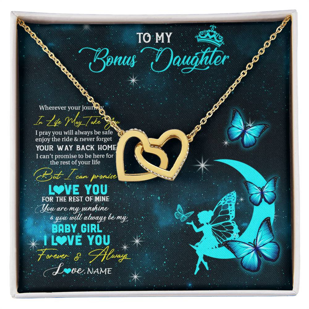 Interlocking Hearts Necklace 18K Yellow Gold Finish | 1 | Personalized To My Bonus Daughter Necklace From Stepmother Fairy Silhouette Fantasy Moon Stepdaughter Birthday Christmas Customized Gift Box Message Card | siriusteestore