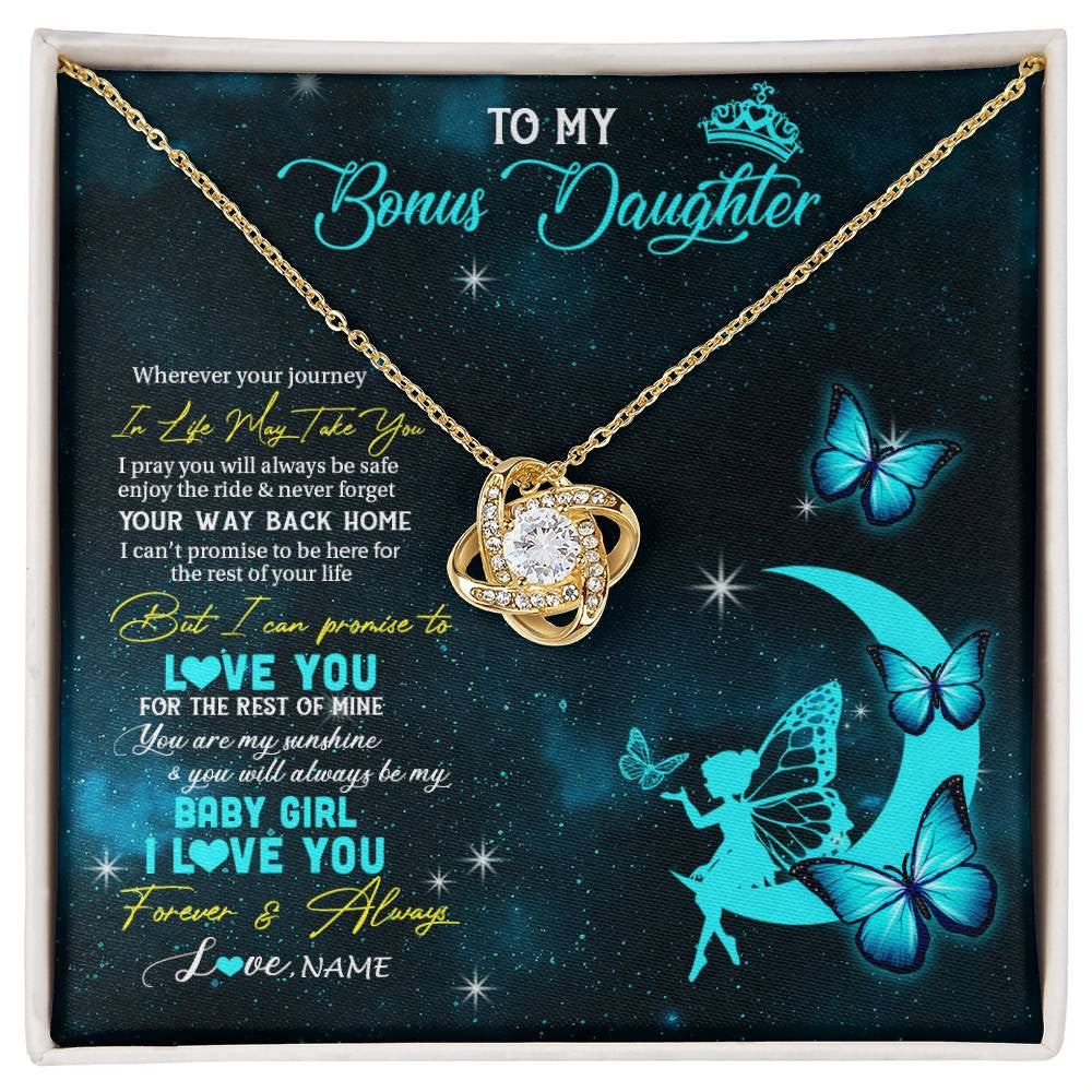 Love Knot Necklace 18K Yellow Gold Finish | 1 | Personalized To My Bonus Daughter Necklace From Stepmother Fairy Silhouette Fantasy Moon Stepdaughter Birthday Christmas Customized Gift Box Message Card | siriusteestore