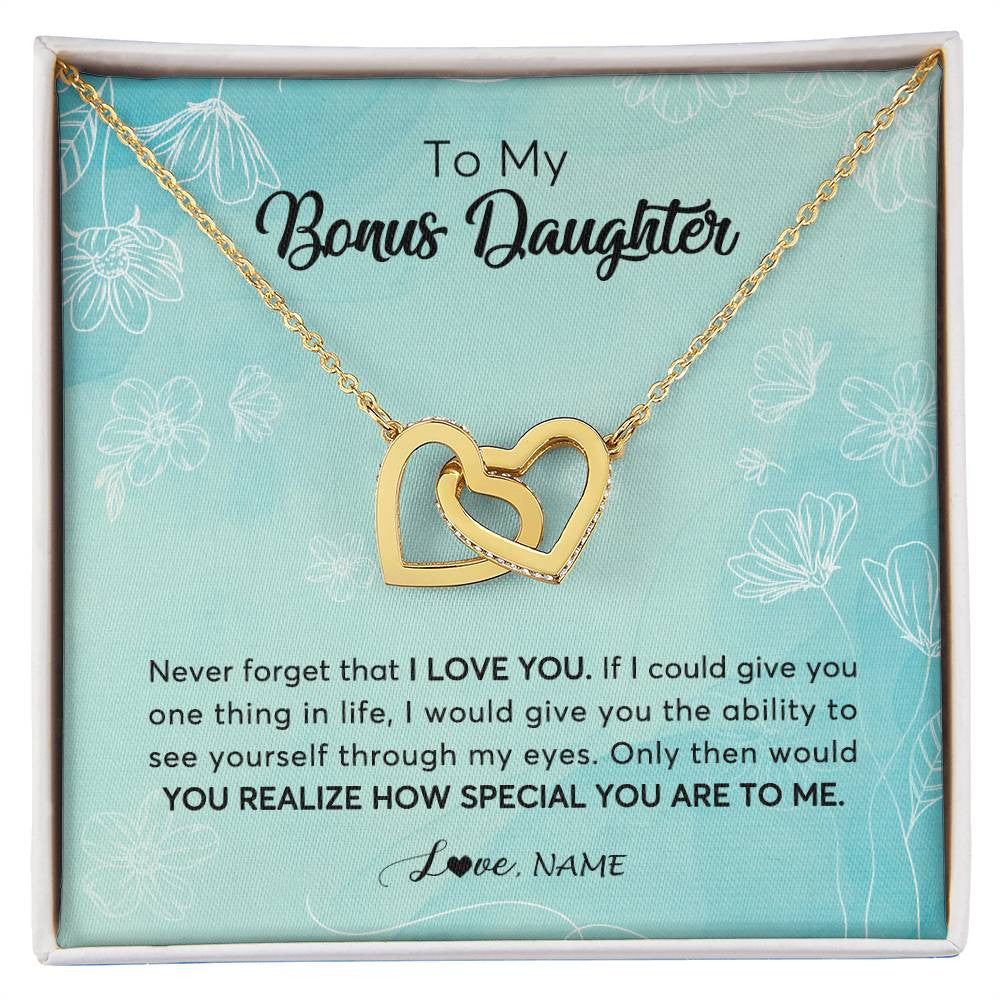 Interlocking Hearts Necklace 18K Yellow Gold Finish | 1 | Personalized To My Bonus Daughter Necklace From Stepmother Flower Never Forget I Love You Stepdaughter Jewelry Birthday Customized Gift Box Message Card | siriusteestore