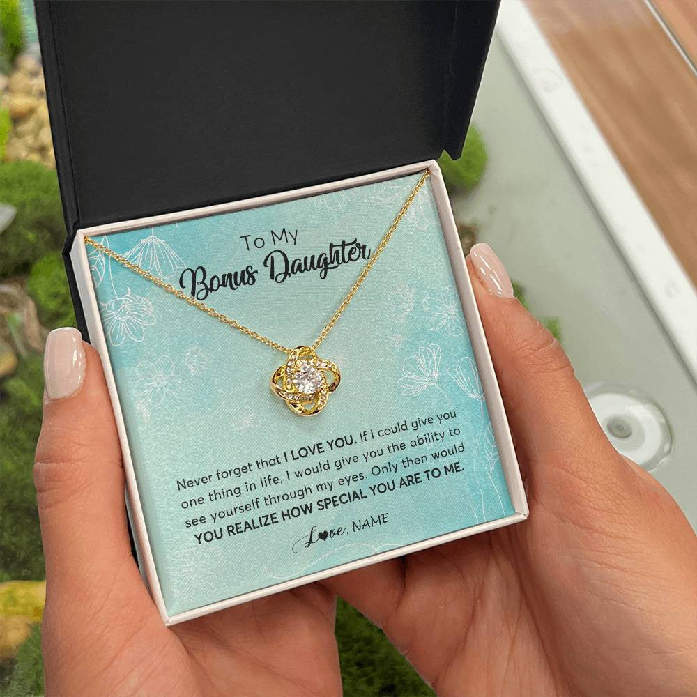 Love Knot Necklace 18K Yellow Gold Finish | 2 | Personalized To My Bonus Daughter Necklace From Stepmother Flower Never Forget I Love You Stepdaughter Jewelry Birthday Customized Gift Box Message Card | siriusteestore