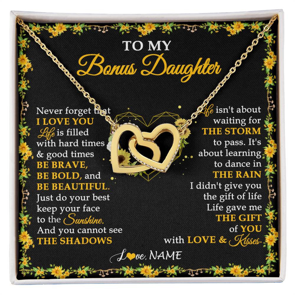 Interlocking Hearts Necklace 18K Yellow Gold Finish | 1 | Personalized To My Bonus Daughter Necklace From Stepmother I Love You Sunflower Bonus Daughter Birthday Jewelry Christmas Customized Gift Box Message Card | siriusteestore