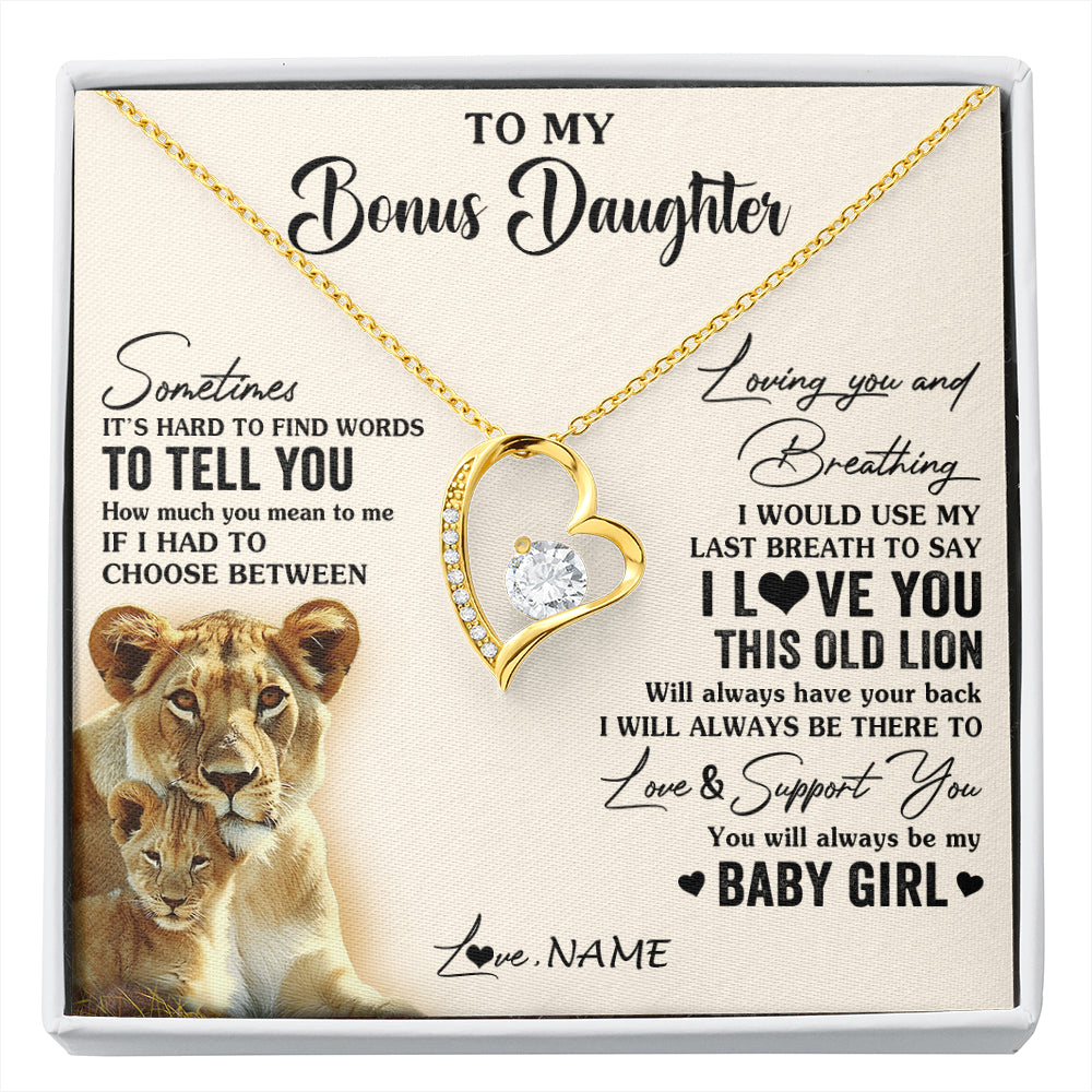 Forever Love Necklace 18K Yellow Gold Finish | 1 | Personalized To My Bonus Daughter Necklace From Stepmother I Love You This Old Lion Stepdaughter Birthday Graduation Christmas Customized Gift Box Message Card | siriusteestore