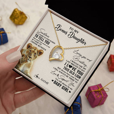 Forever Love Necklace 18K Yellow Gold Finish | 2 | Personalized To My Bonus Daughter Necklace From Stepmother I Love You This Old Lion Stepdaughter Birthday Graduation Christmas Customized Gift Box Message Card | siriusteestore