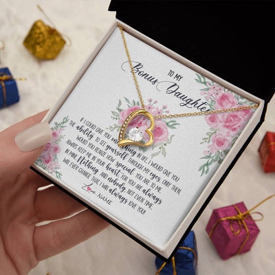 Forever Love Necklace 18K Yellow Gold Finish | 2 | Personalized To My Bonus Daughter Necklace From Stepmother I Will Always Love You Stepdaughter Birthday Christmas Jewelry Customized Gift Box Message Card | siriusteestore
