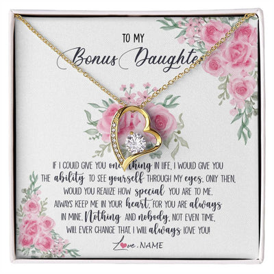 Forever Love Necklace 18K Yellow Gold Finish | 1 | Personalized To My Bonus Daughter Necklace From Stepmother I Will Always Love You Stepdaughter Birthday Christmas Jewelry Customized Gift Box Message Card | siriusteestore