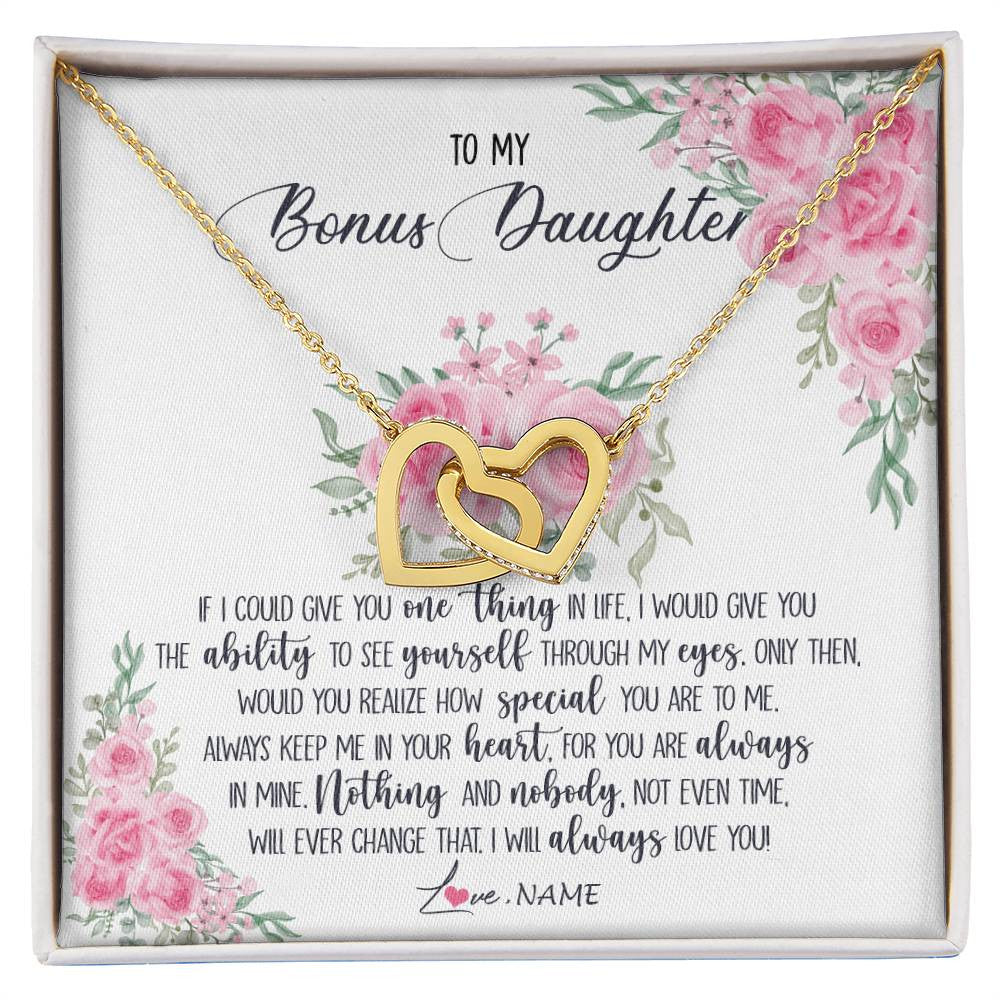 Interlocking Hearts Necklace 18K Yellow Gold Finish | 1 | Personalized To My Bonus Daughter Necklace From Stepmother I Will Always Love You Stepdaughter Birthday Christmas Jewelry Customized Gift Box Message Card | siriusteestore
