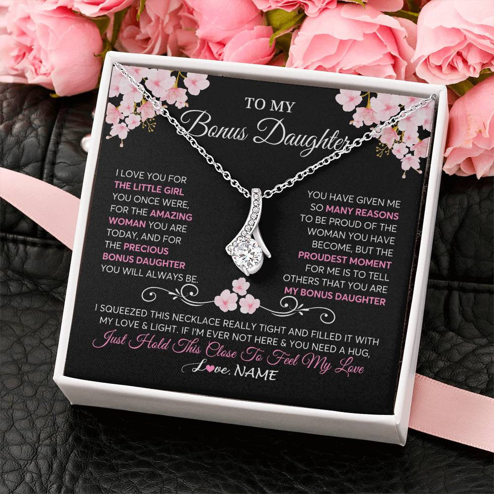 Alluring Beauty Necklace 14K White Gold Finish | 2 | Personalized To My Bonus Daughter Necklace From Stepmother Love You Little Girl Stepdaughter Birthday Jewelry Christmas Customized Gift Box Message Card | siriusteestore