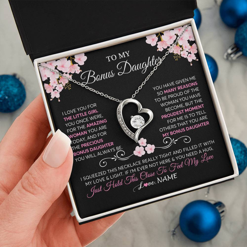 Forever Love Necklace 14K White Gold Finish | 2 | Personalized To My Bonus Daughter Necklace From Stepmother Love You Little Girl Stepdaughter Birthday Jewelry Christmas Customized Gift Box Message Card | siriusteestore
