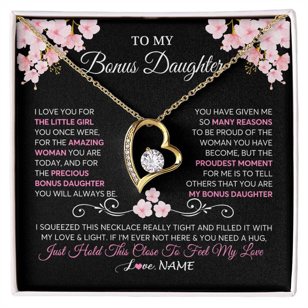 Forever Love Necklace 18K Yellow Gold Finish | 1 | Personalized To My Bonus Daughter Necklace From Stepmother Love You Little Girl Stepdaughter Birthday Jewelry Christmas Customized Gift Box Message Card | siriusteestore