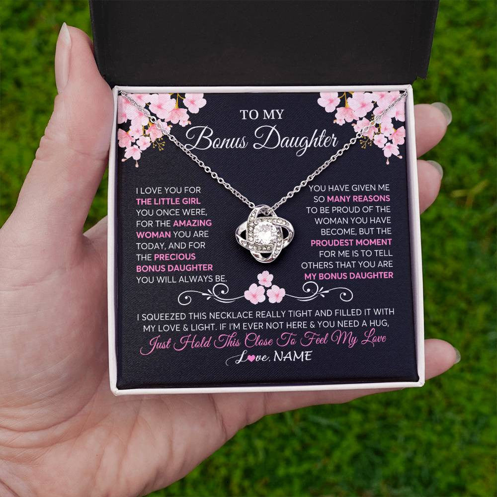 Love Knot Necklace 14K White Gold Finish | 2 | Personalized To My Bonus Daughter Necklace From Stepmother Love You Little Girl Stepdaughter Birthday Jewelry Christmas Customized Gift Box Message Card | siriusteestore