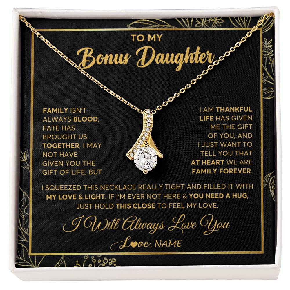 Alluring Beauty Necklace 18K Yellow Gold Finish | 1 | Personalized To My Bonus Daughter Necklace From Stepmother Step Dad We Are Family Forever StepDaughter Birthday Christmas Customized Gift Box Message Card | siriusteestore