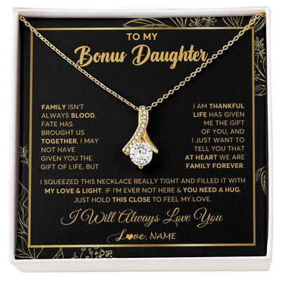 Alluring Beauty Necklace 18K Yellow Gold Finish | 1 | Personalized To My Bonus Daughter Necklace From Stepmother Step Dad We Are Family Forever StepDaughter Birthday Christmas Customized Gift Box Message Card | siriusteestore