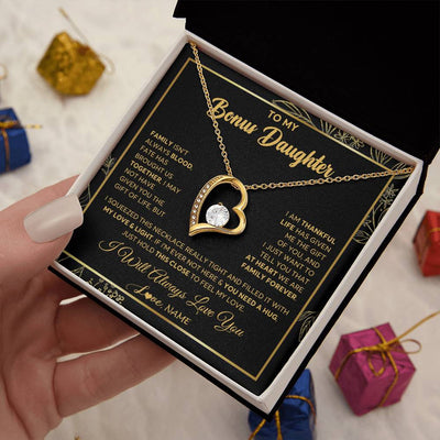 Forever Love Necklace 18K Yellow Gold Finish | 2 | Personalized To My Bonus Daughter Necklace From Stepmother Step Dad We Are Family Forever StepDaughter Birthday Christmas Customized Gift Box Message Card | siriusteestore
