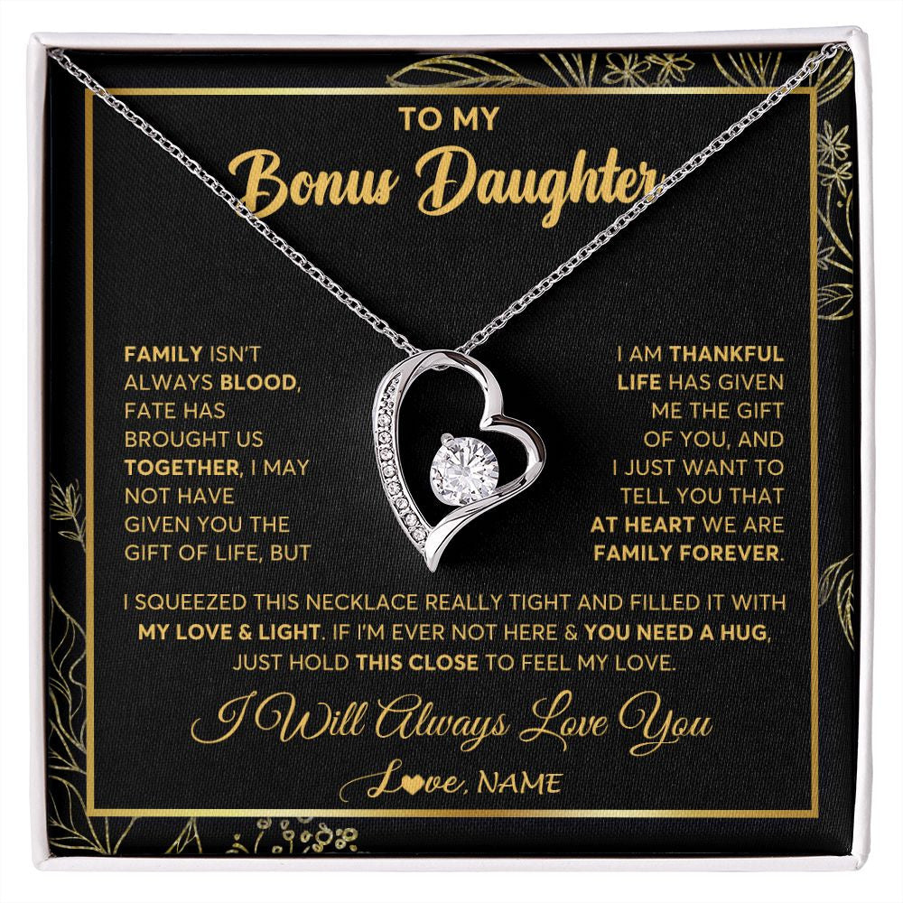 Forever Love Necklace | Personalized To My Bonus Daughter Necklace From Stepmother Step Dad We Are Family Forever StepDaughter Birthday Christmas Customized Gift Box Message Card | siriusteestore